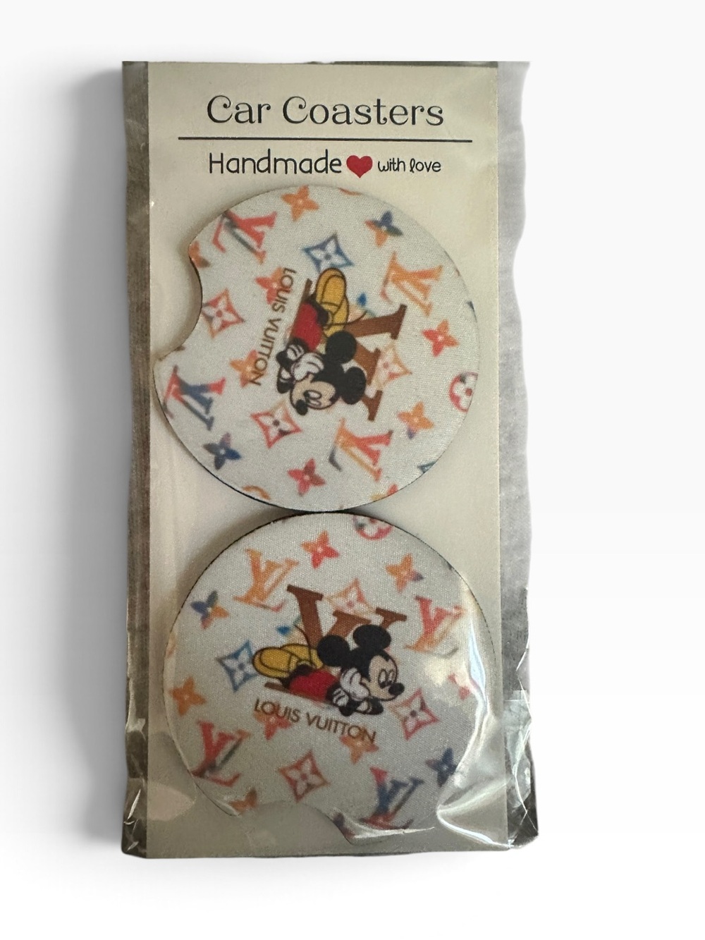 Handmade White  Car Coasters with Colorful Monogram & Mickey